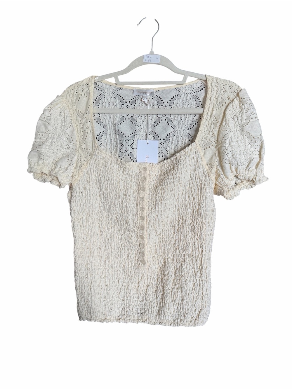 Roosevelt Smocked Eyelet Puff Sleeve Top in Cream